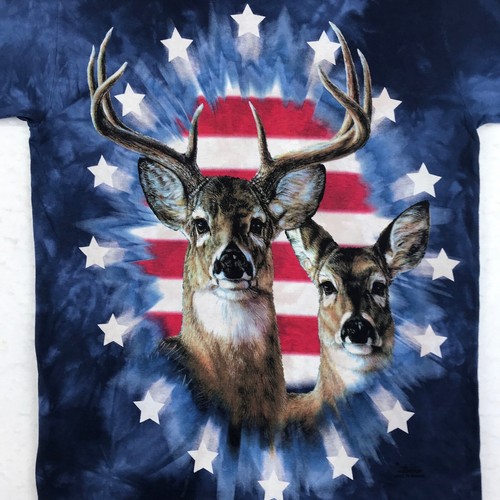 NOS vintage DEER AMERICAN FLAG THE MOUNTAIN TIE-DYE T-Shirt M usa nature animal