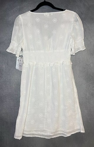 Tash+Sophie Dress Women XS White V Neck 100% Cotton Eyelet Lined Smocked Waist - Picture 4 of 14