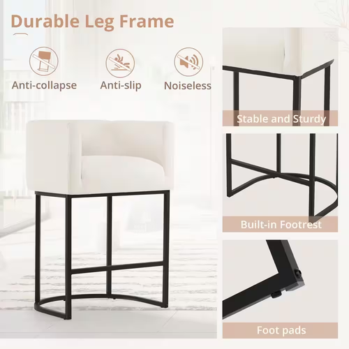 New 26" Beige Black Low Back Bar Stool Set of 2 Metal Frame Linen Upholstered - Picture 7 of 11