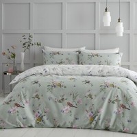 Catherine Lansfield Songbird Floral Reversible Duvet Cover Bedding Set Green