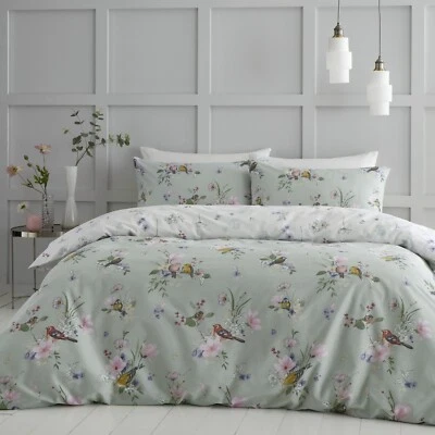 Catherine Lansfield Songbird Floral Reversible Duvet Cover Bedding Set Green