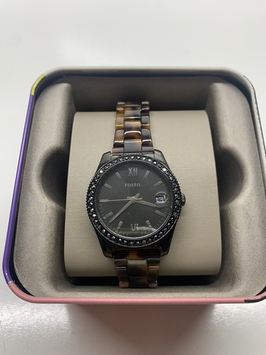 Ladies Fossil Watch Womens Brown Band Gemstone On Face New