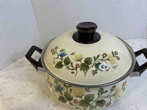 Olla grande Kobe Esmalte Ware con tapa azul y amarillo floral vintage retro BONITA - Imagen 5 de 9