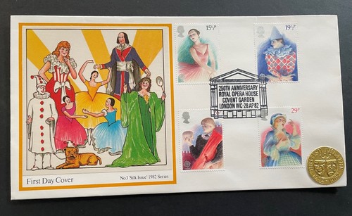 1982 British Theatre PPS Silk FDC. Unaddressed and with covent Garden SHS.