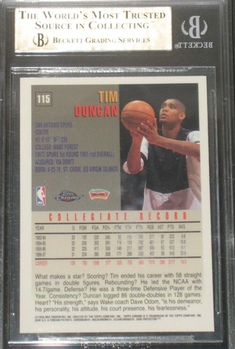 Tim Duncan 1997-98 Topps Chrome Rookie #115 BGS 9.5 Gem Mint San Antonio Spurs - Picture 2 of 3