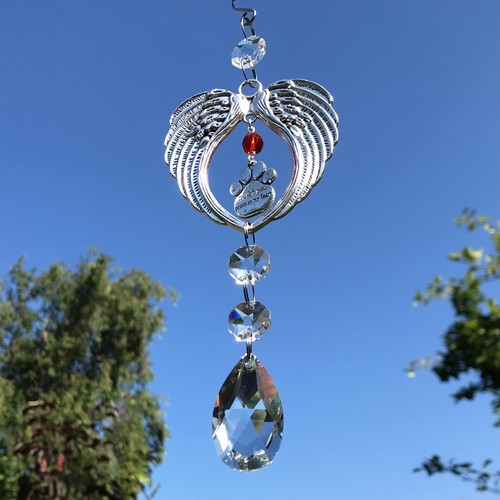 New Memorial Angel Wing Pet Loss Sun Catcher Paw Print ~ Cat Dog Various Colours - Picture 48 of 68