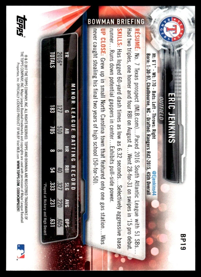 2017 Bowman Prospects Yellow Eric Jenkins Texas Rangers - Image 2 of 2
