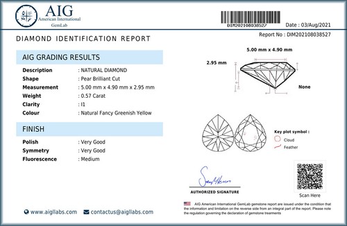 Diamante elegante corte de pera amarillo verdoso (5 x 5 mm) certificado AIG de 0,57 quilates - Imagen 4 de 4