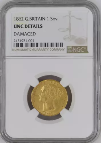 :1862 GREAT BRITAIN VICTORIA GOLD SOVEREIGN NGC UNC DETAILS LOW POP HIGH-GRADES
