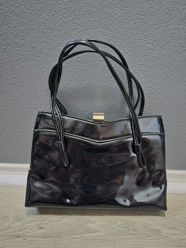 Vintage Black Patent Leather Purse Kiss Lock Small Size Double Strap Pockets - Picture 10 of 10