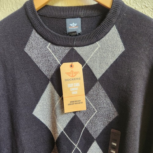 Dockers Argyle Sweater Mens Large Black Gray Comfort Touch LS Knit 100% Acrylic - Picture 2 of 13
