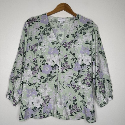 Liz Claiborne Peplum Blouse Womens Size PXL Green Floral Button up Cotton Blend