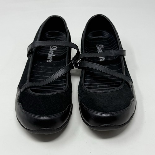 Skechers Bikers Mary Jane Shoes Womens 6.5 Extra Wide Fit Black Leather Suede - Picture 5 of 16