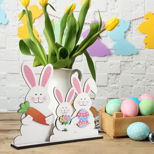Easter Bunny Decorations Wooden Table Sign Spring Large, Pink - Picture 7 of 7