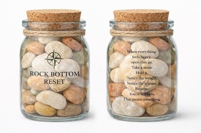 Rock Bottom Reset Glass Jar w/ Cork Lid Filled with stones