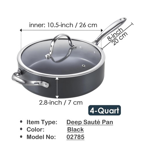 4-QT Nonstick Deep Sauté Pan with Lid, 10.5-inch Deep Frying Pan Hard Anodize... - Picture 3 of 7
