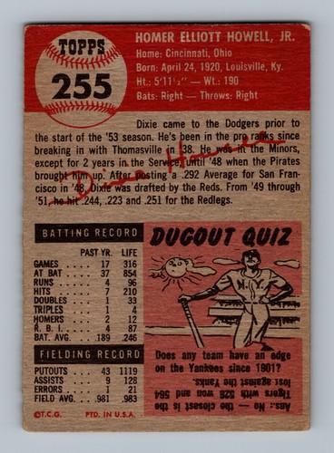 1953 Topps #255 Dixie Howell GD-VG High # SP Vintage Baseball Card - Picture 2 of 2