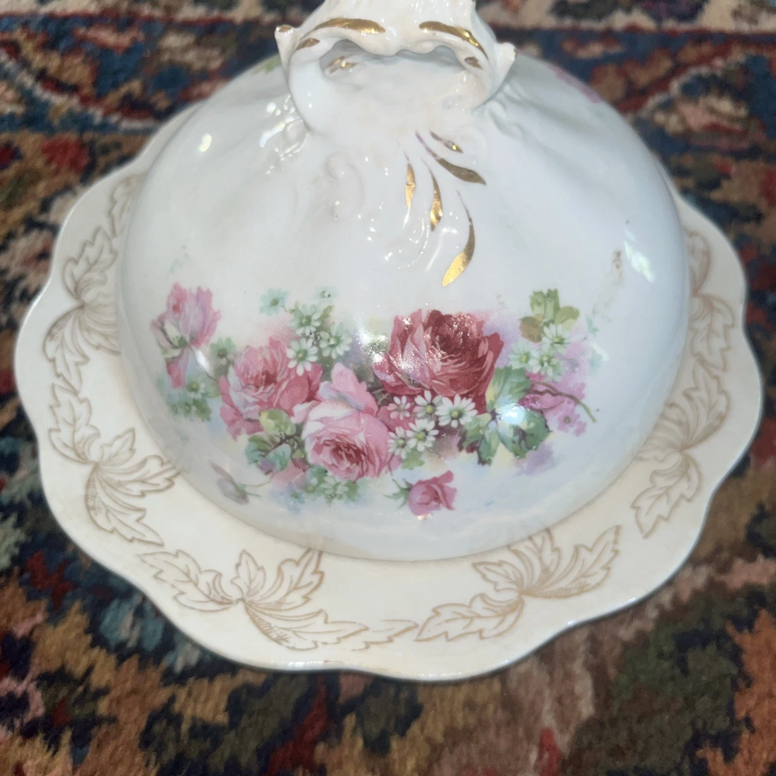 Limoges France Butter Dish and Lid Hand Painted Gold Trim Vintage Antique Floral