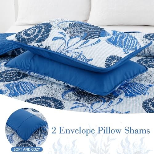 Coastal Quilt Set Queen Size Summer Beach Queen (90"x 96") Blue Seahorse - Picture 8 of 8