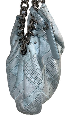 B.Makowsky Large Powder Blue Leather Satchel Handbag Silver Chain Leather Straps - Picture 16 of 23