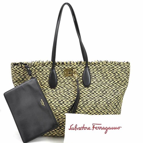 Auth Salvatore Ferragamo Gancini Handbag Black/Natural Raffia/Leather - h31143g - Picture 13 of 13