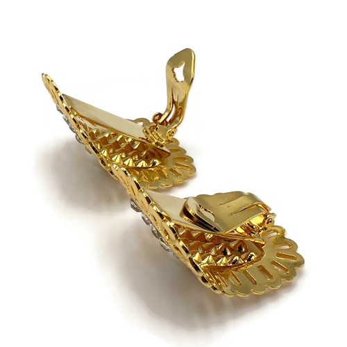 Gold Tone Crystal Rhinestone Faux Pearl Rectangle Openwork Clip On Earrings - Picture 10 of 12