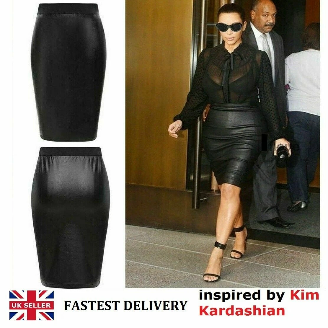 Black leather look pencil cheap skirt
