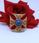 Vintage Blue Cabochon Gold tone Maltese Cross Pin Brooch Cat Rescue
