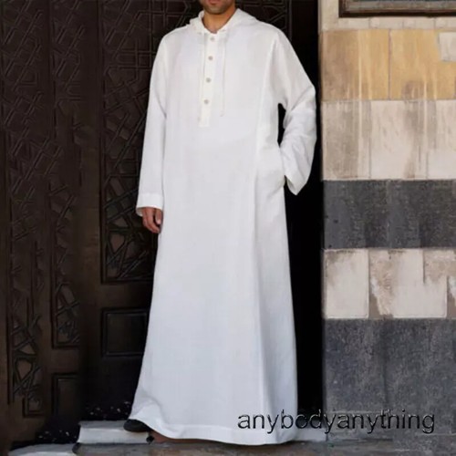 Vestido árabe suelto para hombre manga larga Thobe Kaftan túnica con capucha musulmán saudí islámico - Imagen 3 de 18