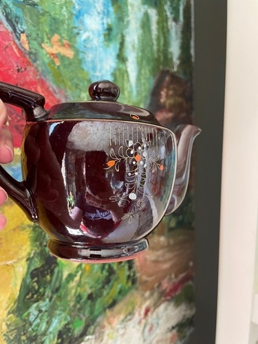 Redware Personal 14 oz Teapot Brown Clay Hand Painted Made In Japan Vintage 1950 - Picture 2 of 9