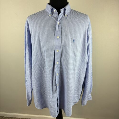 Vtg Polo Ralph Lauren Yarmouth Shirt Men's Sz 18 36/37 2XL XXL Cotton Blue Check - Afbeelding 1 van 7