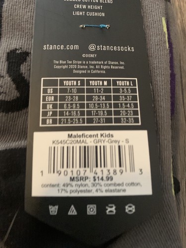 Stance Kids Casual Disney Villains Maleficent Crew Socks Youth 7-10 Small New - Picture 5 of 7