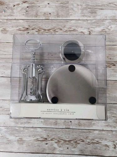 Pier One Imports 18/8 Stainless Steel Wine Service Winged Corkscrew & Coaster - Picture 4 of 4