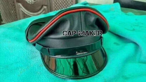 Genuine Leather Black Red Trim Army Muir Biker Peaked Police Bluf Cap Strap - Bild 2 von 8