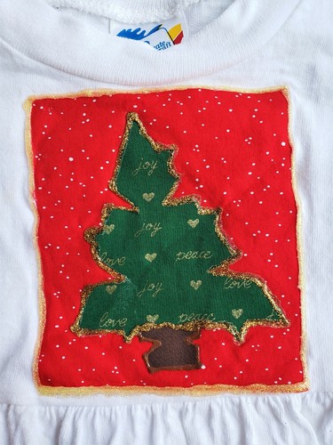 Vintage Christmas Dress Girls Size 4 S White, Red, Green, Trees Puff Paint Quilt - Picture 4 of 15