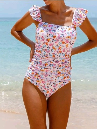 Women's Ruffle Shoulder One Piece Bathing Suit Floral Print Sz L - Picture 4 of 5