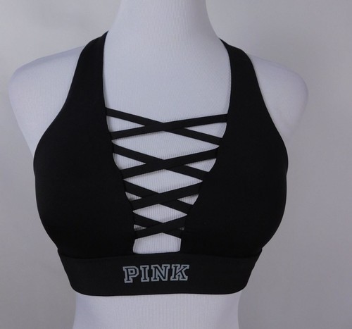 Victorias Secret Pink Black Crisscross Sports Bra XS Light Support Racerback