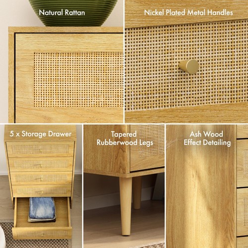 Tall Chest of Drawers with Natural Rattan, Slim Chest of Drawers - VonHaus - Picture 5 of 8