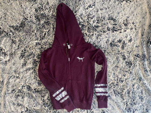 VINTAGE VICTORIAS SECRET LOVE PINK BLING PAILLETTEN LOGO HOODIE GR. XS WEINROT REISSVERSCHLUSS HUND - Bild 2 von 2