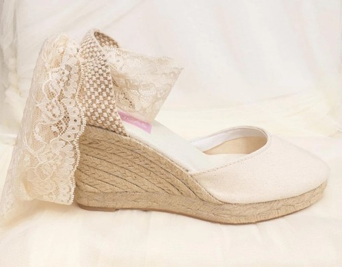 BEVERLY Handmade Espadrilles, Lace Ivory Wedges Boho style - Picture 4 of 4