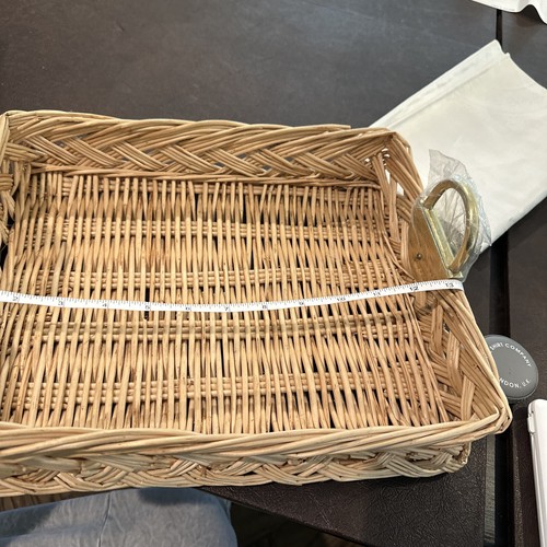Vintage rectangle Farmhouse Basket Tray Wicker With Gold brass Metal Handles NEW - Picture 7 of 10