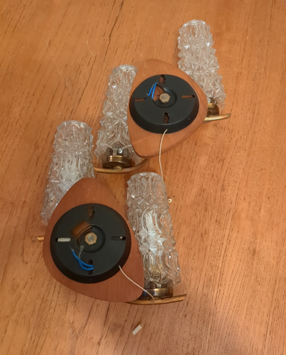 Vintage Pair of Danish Twin Wall Lights Gold Gilt Teak Brass Glass Shades MCM - Picture 12 of 15