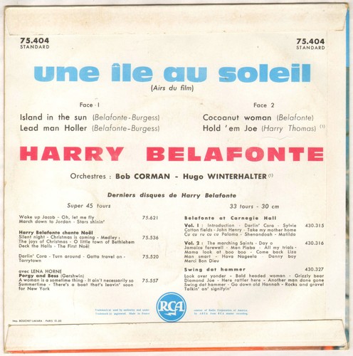 HARRY BELAFONTE "UNE ILE AU SOLEIL" CALYPSO EP 1960 RCA 75404 - Imagen 2 de 4
