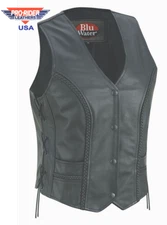 Pro USA WOMEN'S MOTORCYCLE RIDING CLUB LEATHER VEST BRAIDED LACE CONCEALED CARRY
