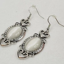 Silver Tone Dangle Drop Fashion Jewelry Earrings White Cat's Eye Stones Heart