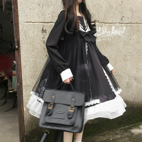Lady Gothic Lolita Dress Cosplay Costume Kawaii Ruffle Long Sleeve Sailor Black - Picture 2 of 10