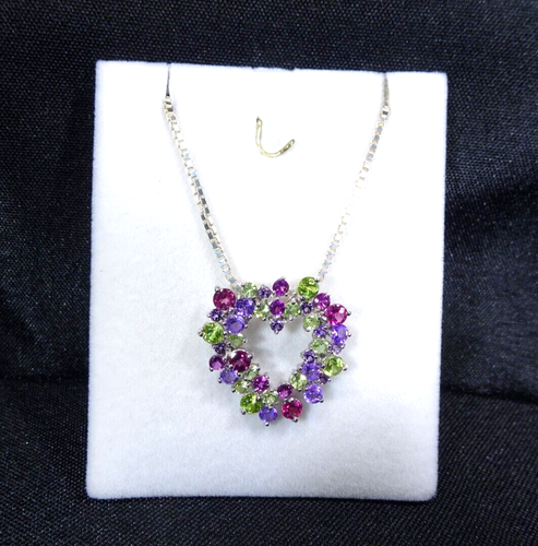Natural Peridot,Amethyst & Rhodolite Garnet Solid Sterling Silver Necklace-51 cm - Picture 8 of 15