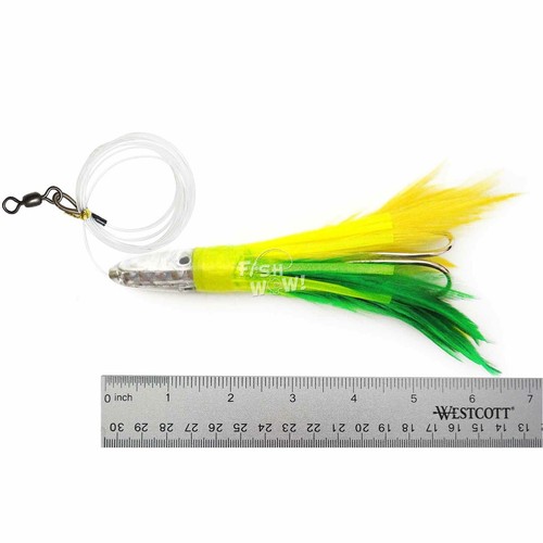 Peces 5 piezas ¡GUAU! 6" Pluma de Atún Jet Aparejado Pesca Gran Juego Señuelo Amarillo Verde NUEVO - Imagen 2 de 7