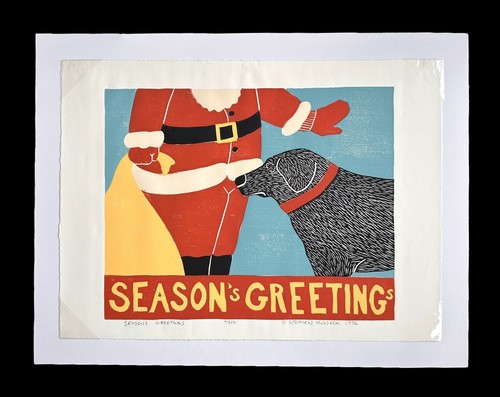 Stephen Huneck woodcut Season's Greetings  1996  4/250   Dog Santa Christmas - Picture 7 of 7