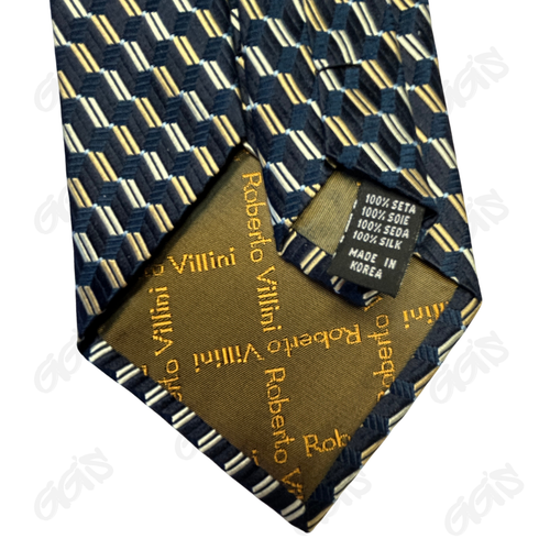Robert Villini Tie Men 59.5 inch x 4 inch Blue Gold Geometrical Sleek 100% Silk - Picture 5 of 7